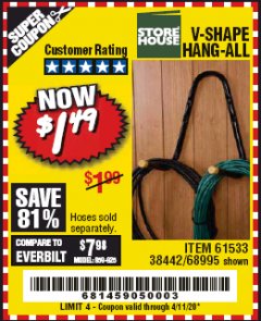 Harbor Freight Coupon V-SHAPE HANG-ALL Lot No. 38442/61430/61533/68995 Expired: 6/30/20 - $1.49
