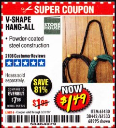 Harbor Freight Coupon V-SHAPE HANG-ALL Lot No. 38442/61430/61533/68995 Expired: 3/31/20 - $1.49