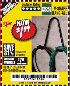 Harbor Freight Coupon V-SHAPE HANG-ALL Lot No. 38442/61430/61533/68995 Expired: 6/30/20 - $1.49