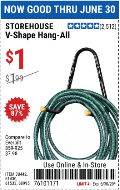 Harbor Freight Coupon V-SHAPE HANG-ALL Lot No. 38442/61430/61533/68995 Expired: 6/30/20 - $1