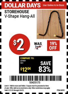 Harbor Freight Coupon V-SHAPE HANG-ALL Lot No. 38442/61430/61533/68995 Expired: 2/6/22 - $2