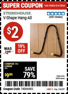 Harbor Freight Coupon V-SHAPE HANG-ALL Lot No. 38442/61430/61533/68995 Expired: 7/4/23 - $2