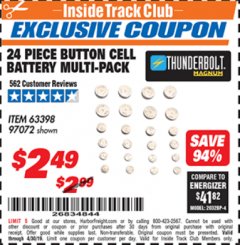 Harbor Freight ITC Coupon THUNDERBOLT MAGNUM BUTTON CELL BATTERY ASSORTMENT, 24-PIECE Lot No. 63398 Expired: 4/30/19 - $2.49