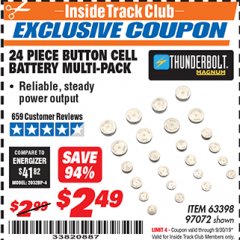 Harbor Freight ITC Coupon THUNDERBOLT MAGNUM BUTTON CELL BATTERY ASSORTMENT, 24-PIECE Lot No. 63398 Expired: 9/30/19 - $2.49