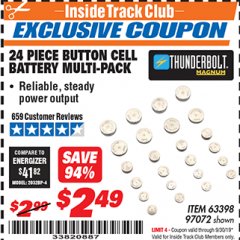 Harbor Freight ITC Coupon BUTTON CELL BATTERY MULTI-PACK PACK OF 24 Lot No. 63398/97072 Expired: 9/30/19 - $2.49