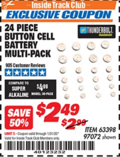 Harbor Freight ITC Coupon THUNDERBOLT MAGNUM BUTTON CELL BATTERY ASSORTMENT, 24-PIECE Lot No. 63398 Expired: 1/31/20 - $2.49