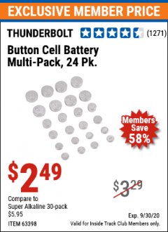 Harbor Freight ITC Coupon BUTTON CELL BATTERY MULTI-PACK PACK OF 24 Lot No. 63398/97072 Expired: 9/30/20 - $2.49