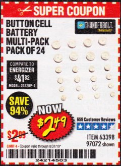 Harbor Freight Coupon THUNDERBOLT MAGNUM BUTTON CELL BATTERY ASSORTMENT, 24-PIECE Lot No. 63398 Expired: 8/31/19 - $2.49