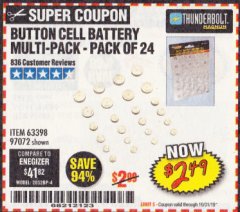 Harbor Freight Coupon BUTTON CELL BATTERY MULTI-PACK PACK OF 24 Lot No. 63398/97072 Expired: 10/31/19 - $2.49