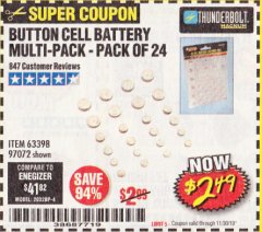 Harbor Freight Coupon BUTTON CELL BATTERY MULTI-PACK PACK OF 24 Lot No. 63398/97072 Expired: 11/30/19 - $2.49