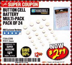 Harbor Freight Coupon THUNDERBOLT MAGNUM BUTTON CELL BATTERY ASSORTMENT, 24-PIECE Lot No. 63398 Expired: 3/31/20 - $2.49