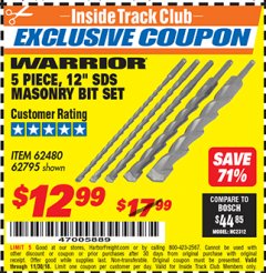 Harbor Freight ITC Coupon 5 PIECE, 12" SDS MASONRY BIT SET Lot No. 46754/62480/62795 Expired: 11/30/18 - $12.99