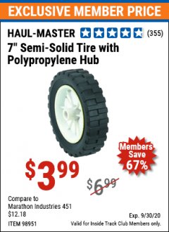 Harbor Freight ITC Coupon 7" SEMI-SOLID TIRE WITH POLYPROPYLENE HUB Lot No. 98951 Expired: 9/30/20 - $3.99