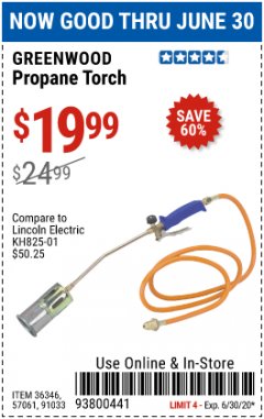 Harbor Freight Coupon PROPANE TORCH Lot No. 91033/61589 Expired: 6/30/20 - $19.99