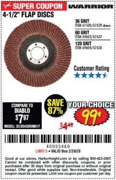 Harbor Freight Coupon 4.5" FLAP DISCS Lot No. 67639/61500/69602/67637/69604 Expired: 2/29/20 - $0.99