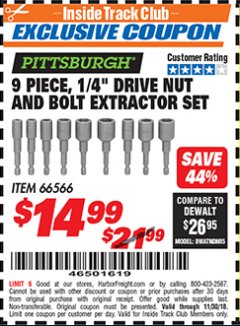 Harbor Freight ITC Coupon 9 PIECE, 1/4" DRIVE NUT AND BOLT EXTRACTOR SET Lot No. 66566 Expired: 11/30/18 - $14.99