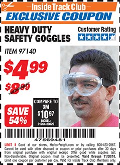 Harbor Freight ITC Coupon HEAVY DUTY SAFETY GOGGLES Lot No. 97140 Expired: 11/30/18 - $4.99