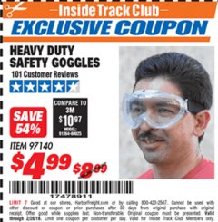 Harbor Freight ITC Coupon HEAVY DUTY SAFETY GOGGLES Lot No. 97140 Expired: 2/28/19 - $4.99