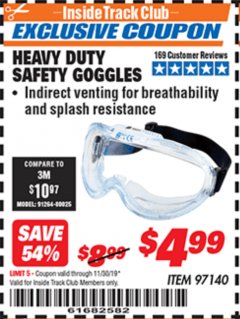 Harbor Freight ITC Coupon HEAVY DUTY SAFETY GOGGLES Lot No. 97140 Expired: 11/30/19 - $4.99