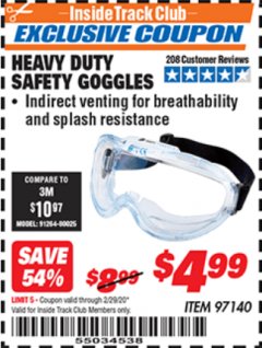 Harbor Freight ITC Coupon HEAVY DUTY SAFETY GOGGLES Lot No. 97140 Expired: 2/29/20 - $4.99