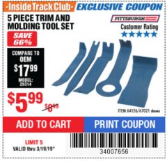 Harbor Freight ITC Coupon PITTSBURGH TRIM AND MOLDING TOOL SET, 5-PIECE Lot No. 64126 Expired: 3/19/19 - $5.99