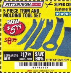 Harbor Freight Coupon PITTSBURGH TRIM AND MOLDING TOOL SET, 5-PIECE Lot No. 64126 Expired: 11/2/19 - $5.99