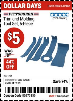 Harbor Freight Coupon PITTSBURGH TRIM AND MOLDING TOOL SET, 5-PIECE Lot No. 64126 EXPIRES: 8/26/26 - $5