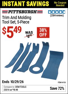 Harbor Freight Coupon PITTSBURGH TRIM AND MOLDING TOOL SET, 5-PIECE Lot No. 64126 Valid Thru: 10/29/26 - $5.49