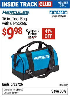 Harbor Freight ITC Coupon HERCULES 16 IN. TOOL BAG WITH 6 POCKETS Lot No. 63637 Valid Thru: 5/28/26 - $9.98