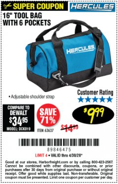 Harbor Freight Coupon HERCULES 16 IN. TOOL BAG Lot No. 63637 Expired: 6/30/20 - $9.99