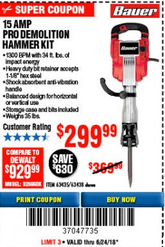 Harbor Freight Coupon 15 AMP PRO DEMOLITION HAMMER KIT Lot No. 63435/63438 Expired: 6/24/18 - $299.99