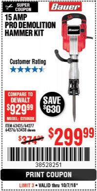 Harbor Freight Coupon 15 AMP PRO DEMOLITION HAMMER KIT Lot No. 63435/63438 Expired: 10/7/18 - $299.99