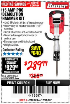 Harbor Freight Coupon 15 AMP PRO DEMOLITION HAMMER KIT Lot No. 63435/63438 Expired: 12/31/18 - $289.99