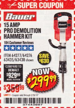 Harbor Freight Coupon 15 AMP PRO DEMOLITION HAMMER KIT Lot No. 63435/63438 Expired: 2/28/19 - $299.99