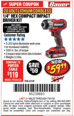 Harbor Freight Coupon BAUER 1/4" HEX COMPACT IMPACT DRIVER KIT Lot No. 63528/64755 Expired: 7/31/18 - $59.99