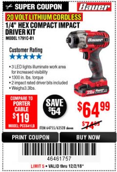 Harbor Freight Coupon BAUER 1/4" HEX COMPACT IMPACT DRIVER KIT Lot No. 63528/64755 Expired: 12/2/18 - $64.99