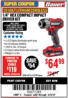 Harbor Freight Coupon BAUER 1/4" HEX COMPACT IMPACT DRIVER KIT Lot No. 63528/64755 Expired: 12/3/18 - $64.99