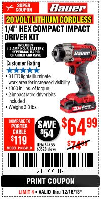 Harbor Freight Coupon BAUER 1/4" HEX COMPACT IMPACT DRIVER KIT Lot No. 63528/64755 Expired: 12/16/18 - $64.99