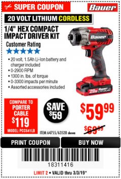 Harbor Freight Coupon BAUER 20V CORDLESS, 1/4 IN. HEX COMPACT IMPACT DRIVER KIT WITH 1.5 AH BATTERY, RAPID CHARGER, AND BAG Lot No. 64755/63528 Expired: 3/3/19 - $59.99