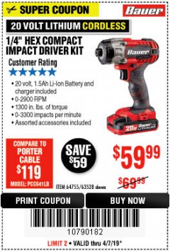 Harbor Freight Coupon BAUER 1/4" HEX COMPACT IMPACT DRIVER KIT Lot No. 63528/64755 Expired: 4/7/19 - $59.99