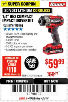Harbor Freight Coupon BAUER 20V CORDLESS, 1/4 IN. HEX COMPACT IMPACT DRIVER KIT WITH 1.5 AH BATTERY, RAPID CHARGER, AND BAG Lot No. 64755/63528 Expired: 4/7/19 - $59.99