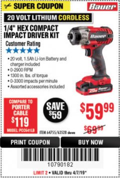 Harbor Freight Coupon BAUER 20V CORDLESS, 1/4 IN. HEX COMPACT IMPACT DRIVER KIT WITH 1.5 AH BATTERY, RAPID CHARGER, AND BAG Lot No. 64755/63528 Expired: 4/7/19 - $59.99