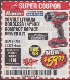 Harbor Freight Coupon BAUER 1/4" HEX COMPACT IMPACT DRIVER KIT Lot No. 63528/64755 Expired: 7/31/19 - $59.99