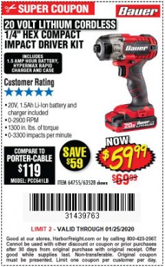 Harbor Freight Coupon BAUER 1/4" HEX COMPACT IMPACT DRIVER KIT Lot No. 63528/64755 Expired: 1/25/20 - $59.99