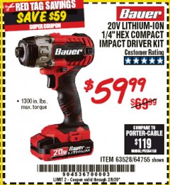 Harbor Freight Coupon BAUER 1/4" HEX COMPACT IMPACT DRIVER KIT Lot No. 63528/64755 Expired: 2/8/20 - $59.99