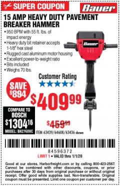 Harbor Freight Coupon BAUER 15 AMP 70 LB. PRO BREAKER HAMMER Lot No. 63439/63436/64608 Expired: 1/1/20 - $409.99