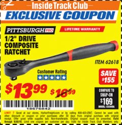 Harbor Freight ITC Coupon PITTSBURGH PRO 1/2 IN. DRIVE COMPOSITE RATCHET Lot No. 62618 Expired: 9/30/18 - $13.99