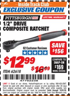 Harbor Freight ITC Coupon PITTSBURGH PRO 1/2 IN. DRIVE COMPOSITE RATCHET Lot No. 62618 Expired: 12/31/18 - $12.99