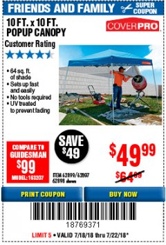 Harbor Freight Coupon COVERPRO 10 FT. X 10 FT. SLANT-LEG POP-UP CANOPY Lot No. 62899 Expired: 7/22/18 - $49.99