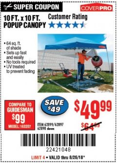 Harbor Freight Coupon COVERPRO 10 FT. X 10 FT. SLANT-LEG POP-UP CANOPY Lot No. 62899 Expired: 8/26/18 - $49.99